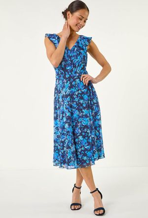 Roman Floral Print Frill Front Midi Dress