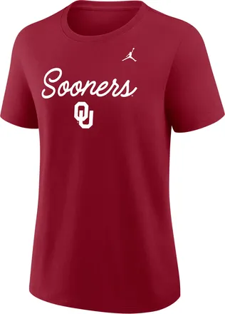 Nike Jordan Womens Oklahoma Script Mantra Logo Jordan Brand College T-Shirt in Red | 01K969WOKN-35F