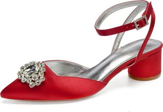 Generic Wedding Bridal Heels Women Ankle Strap Pointed Toe Slingback Chunky Low Heels Womens Pumps Wedding Dress Shoes 4.5Cm,red,9 UK
