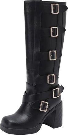 Generic Womens Retro Knee High Boots Square Toe Platform Chunky Heel Slip On Design With Decorative Metal Buckles