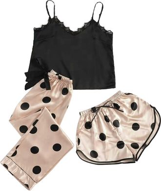 Generic Womens Sleepwear Pyjamas Cosy Top and Pants Soft Women Print Sleepwear Sexy Up Three Sleeveless Shorts Set Sexy Underwear Sleepwear Suit Pajamas Women