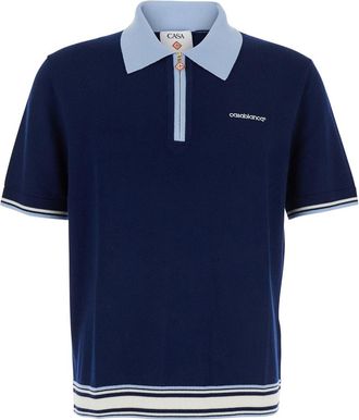 Casablanca Blue Polo Shirt With Classic Collar And Logo Lettering Embroidery On The Front In Wool Man