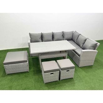 Fimous Rattan Garden Furniture Set Outdoor 9 Seater Patio Dining Corner Sofa Sets with Dining Table 3 Footstools Light Grey Mixed - Fimous