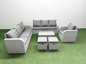 Fimous 9 Seater Poly Rattan Outdoor Garden Furniture Sofa Set Patio 3 Seater Sofa Reclining Chair 3 Seater Sofa Stools Side Table Light Grey