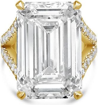 Diana M. Jewels 18kt yellow gold lab grown diamond engagement ring with a 10ct emerald center and 1.50 cts on the split shank sides