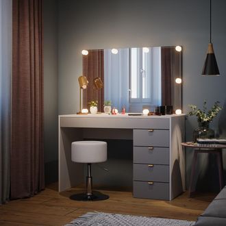 Vicco Tocador Elise, Blanco/gris/gris, 115 Cm Con Iluminaci&oacute;n Led Y Taburete