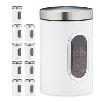 Relaxdays 10 X Recipiente De Almacenamiento, 1,4 L, Con Tapa Y Ventana, Para Caf&eacute;, Harina, Pasta, Bote Para Cocina, Metal, Blanco