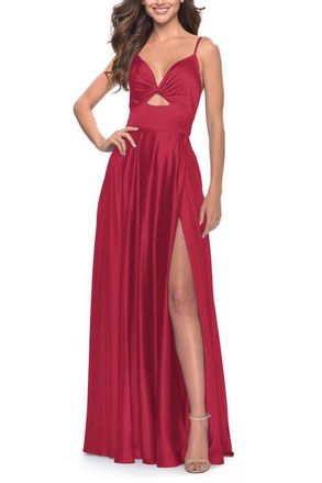 La Femme Satin A-Line Gown with Cut Out and Twist Bodice in Red at Nordstrom, Size 00