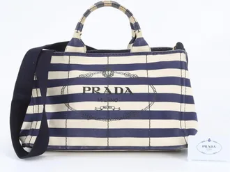 Prada Ivory Navy Leather Canvas Shoulder Bag Tote Bag (Pre-Owned)
