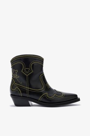 Ganni Low Shaft Embroidered Western Boots - Size 35 Yellow