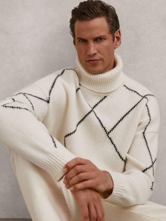 Reiss Off White Wool-blend Roll-neck Argyle Jumper, Xxl
