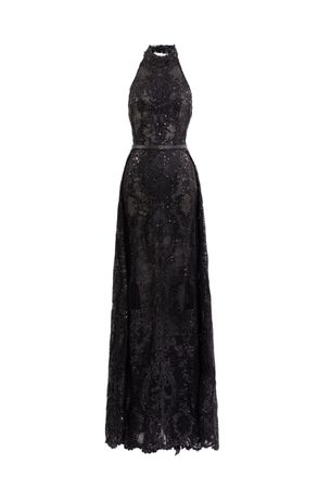 Saiid Kobeisy Floor-Length Embroidered Lace Dress With Halter Neckline And A-Line Overskirt