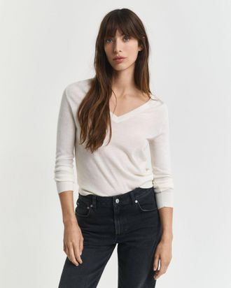 GANT Women Extra Fine Merino Wool V-Neck Sweater (XXL) CREAM