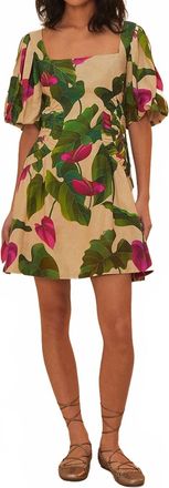Farm Rio Short Puff Sleeve Mini Dress In Anthurium Leaves Sand