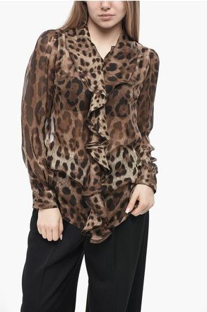 Dolce & Gabbana Silk Ruffle-Front Blouse in Animal Print size 38