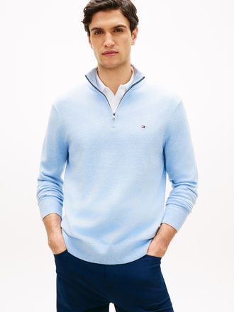 Tommy Hilfiger Troyer TOMMY HILFIGER ESSENTIAL COTTON ZIP MOCK, Herren, Gr. XL, vessel blau heather, Strick, Obermaterial: 100% Baumwolle, Pullover Troyer