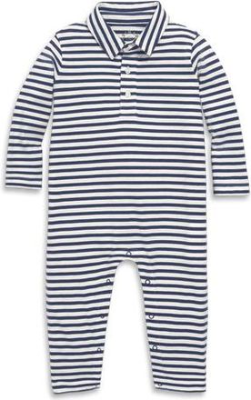 primary Baby Long Sleeve Polo Romper In Mini Stripe in Ivory Sunwashed Navy Stripe at Nordstrom, Size 12-18M