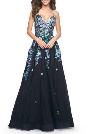 La Femme Gorgeous Sequin Floral Lace Applique A-Line Tulle Prom Dress in Navy at Nordstrom, Size 4