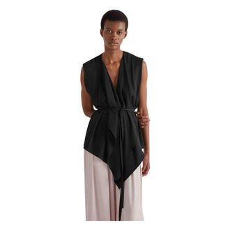 Meimeij Gilet con cinturina e sgodato sotto a punta - Dames - Blouses - Zwart - M - Leer - Overhemden