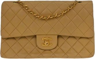 Chanel Timeless - Classic Double Flap Bag Leather Beige Calfskin Handbag (Pre-Owned)
