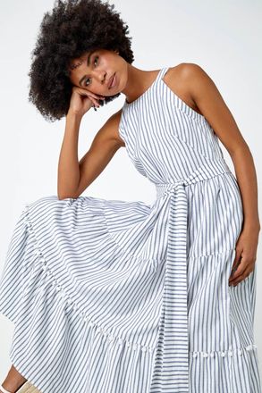 Roman Tiered Cotton Halter Neck Stripe Dress