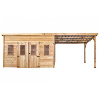 Foresta Caseta De Jard&iacute;n De Madera 380x680 Cm Con Le&ntilde;era - Espesor De Pared 28 Mm - Techo Plano De Acero - Dan4040.02b Foresta