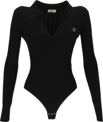 Elisabetta Franchi Ribbed Knit Bodysuit With Deep V-Neckline And Logo Detail