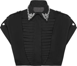 Philipp Plein Volant Cropped Shirt SS Strass - Dames - Overhemden - Zwart - 2XL - Katoen - Overhemden