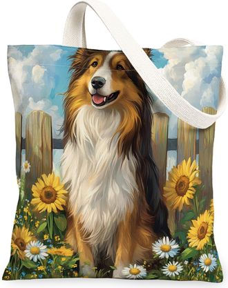 Generic Spring Rough Collie Dog Canvas Tote Bag for Shopping 13x15, Sunflower Fence Puppy Reusable Grocery Print Bag for Women, Farmhouse Pet Beach Aesthetic 