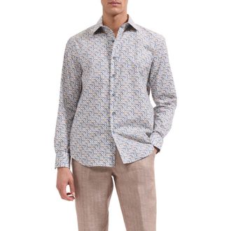 Bugatchi Axel Shaped Fit Geo Floral Stretch Cotton Button-Up Shirt in Walnut at Nordstrom, Size Xxx-Large