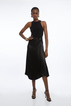 Karen Millen Satin Back Crepe Asymmetric Waist Hardware Midaxi Skirt