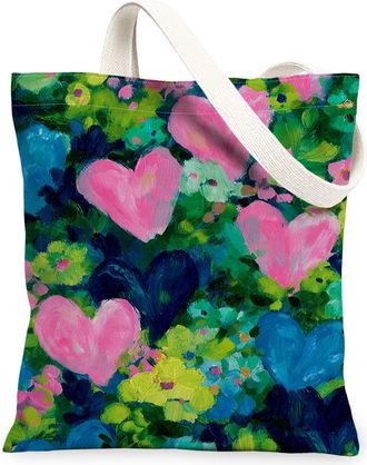 Generic Heart Floral Canvas Tote Bags, Colorful Heart Pattern Reusable Bags, Spring Vintage Lightweight Washable Shoulder Strap Can, Multicolor, 13x15 Inch