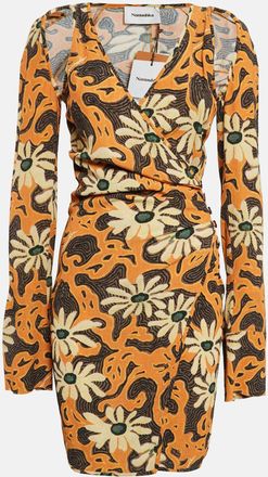 Nanushka Orange Floral Print Crepe Cut-Out Mini Wrap Dress
