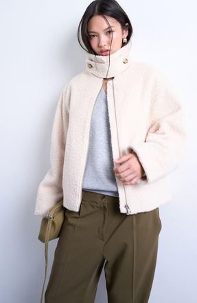 Topshop Boucl&eacute; Tab Detail Bomber Jacket in Cream at Nordstrom, Size X-Small