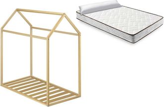 HOGAR 24 Cama Infantil Casita Madera Tipo Montessori + Colchón Flexitex con Tejido 3D y Aloe Vera, Altura 18 cm + Almohada de Fibra, 90x190 cm