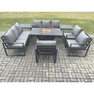 Fimous Fimous Aluminium Garden Furniture Outdoor Set Patio Lounge Sofa Gas Fire Pit Dining Table Set with 3 Armchair 2 Side Table Dark Grey