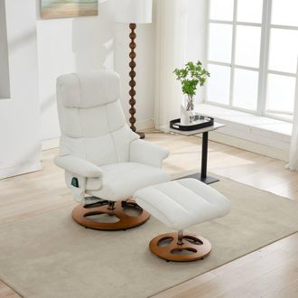 Direct Wicker PU Upholstered 5 Points Massage Recliner with Ottoman Footstool in White | Size: 1 Pack