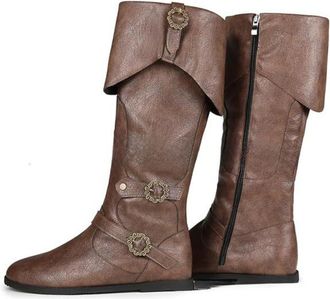 Generic Mens PU Leather Knee High Boots with Side Zipper Flat Heel Vintage Medieval Boots Round Toe Long Boot with Buckle,Brown,7.5 UK