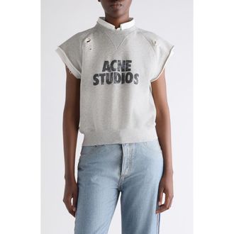 Acne Studios Mixed Media Distressed Cap Sleeve Logo Graphic Sweatshirt in Grey Melange at Nordstrom, Size X-Small