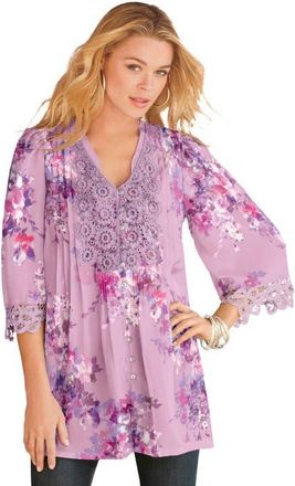 Roaman's Plus Size Juliet Lace Trim Button Down Shirt in Multicolored at Nordstrom, Size 28