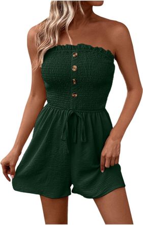 Generic Jumpsuit for Women UK Summer Elegant Bandeau Romper Elastic High Waist Trousers 2-in-1 Outfit Solid Color Casual Strapless Trouser Suit Going Out Over