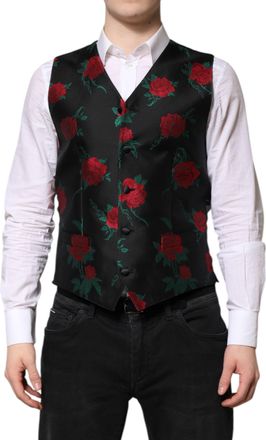 Dolce & Gabbana Red Floral Brocade Formal Men Waistcoat Mens Vest