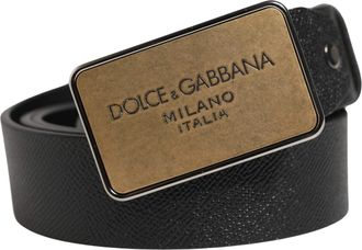 Dolce & Gabbana Black Classic Leather Logo Metal Buckle Mens Belt