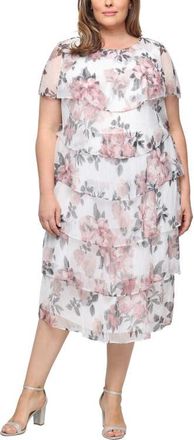 S.L. Fashions Floral Tiered Cocktail Dress in Ivory/Pink at Nordstrom, Size 22W