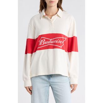 Junk Food Budweiser Logo Long Sleeve Cotton Shirt in White/Red at Nordstrom, Size X-Small