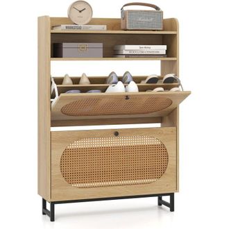 Costway Scarpiera con 2 Cassetti a Ribalta, Organizer per Scarpe Autoportante con Ante in Rattan e Gambe in Metallo, Scarpiera Stretta per Ingresso
