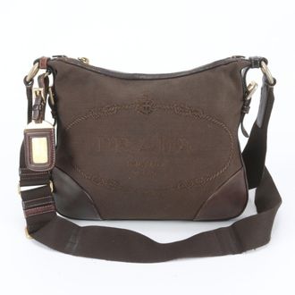 Prada Brown Leather Canvas Messenger Bag Shoulder Bag (Pre-Owned)