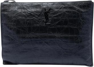 Saint Laurent Pre-owned Croc Embossed Leather Clutch - Dames - Vintage Clutch - Zwart - ONE Size - Leer - Vintage