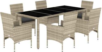 vidaXL Set De Comedor Jard&iacute;n 7 Piezas Y Cojines Rat&aacute;n Pe Y Vidrio Gris Vidaxl