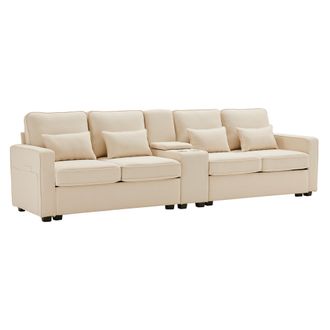 STILVORA Sof&aacute; Recto 4 Plazas En Lino Con Consola De Sof&aacute;, 2 Puertos Usb, 2 Portavasos, Bolsillo Lateral Y 4 Cojines, Beige
